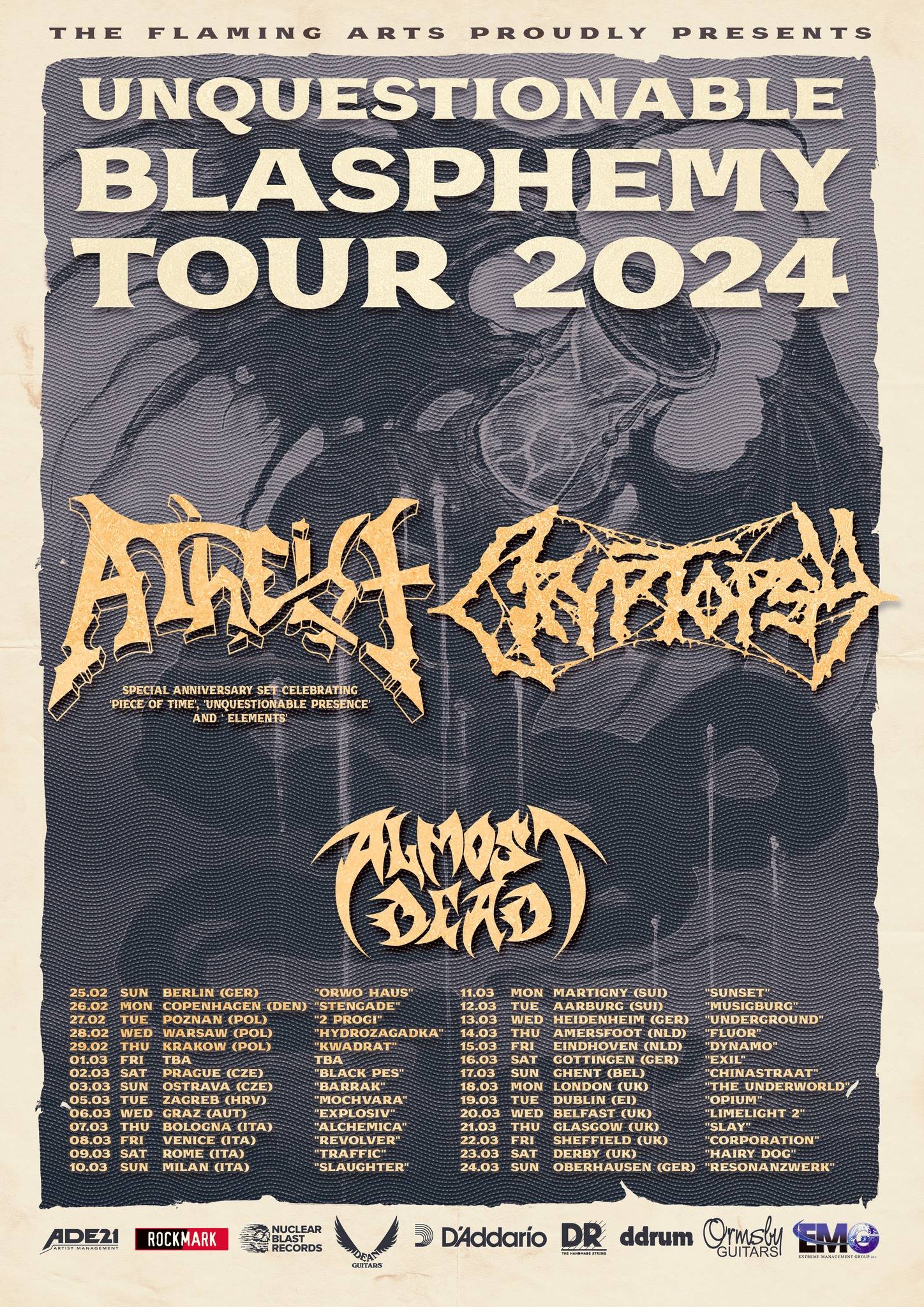 Atheist and Cryptopsy “Unquestionable Blasphemy” tour poster