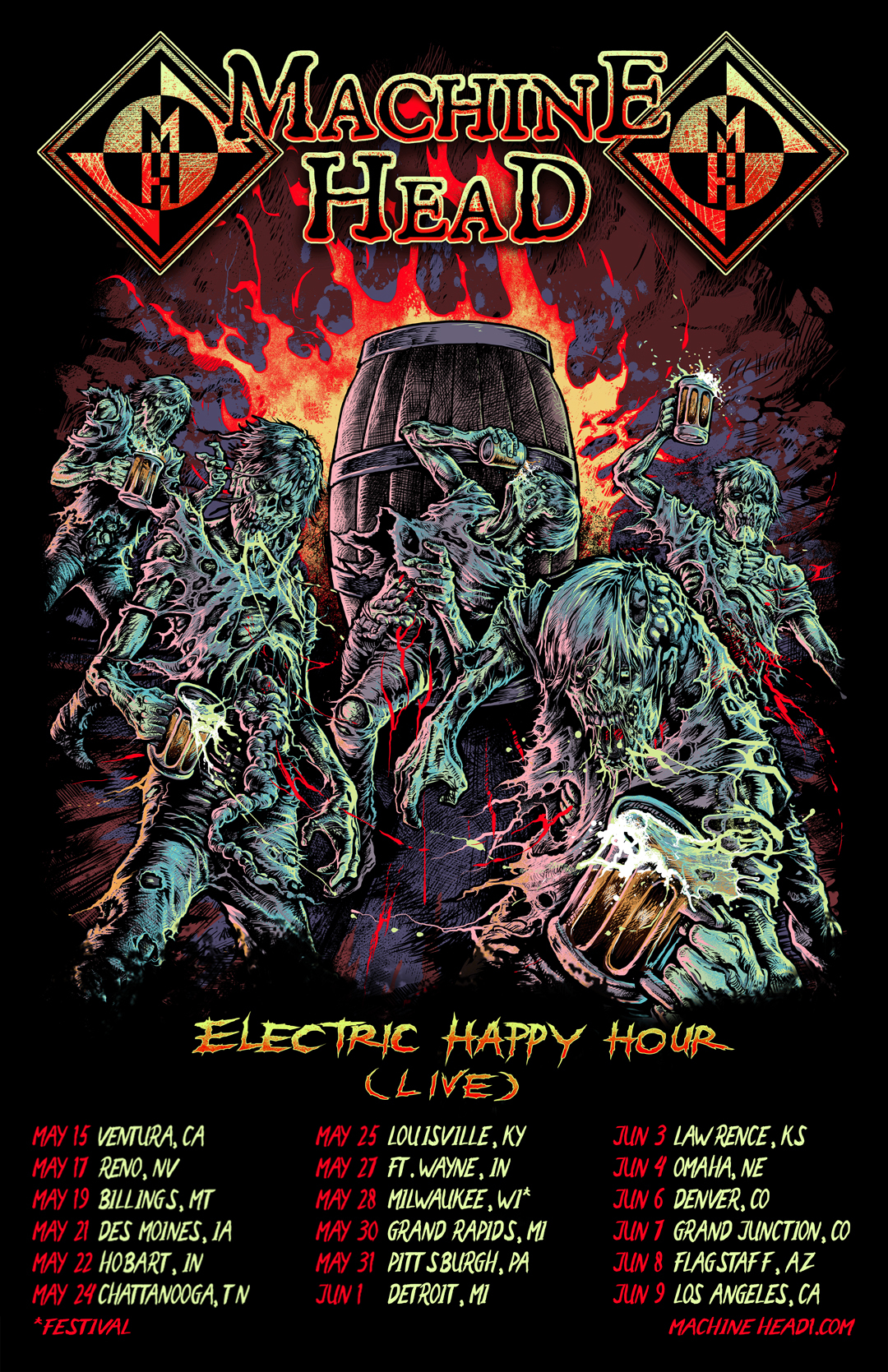 Machine Head “Electric Happy Hour (Live)” Spring 2023 Tour Poster