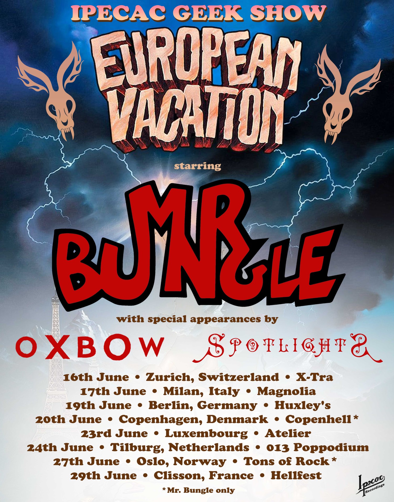 Mr. Bungle, Oxbow & Spotlights Ipecac “Geek Show European Vacation” tour flyer